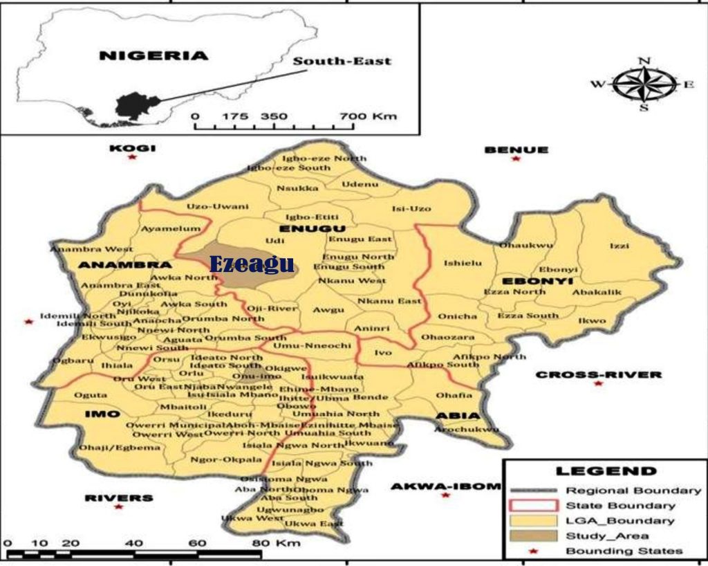 Map of Nigeria showing Ezeagu county of Enugu state highlighted in blue color. Courtesy - A. A Obasi, Kingsley Ogbu, E L Ndulie and Constantine Mgbajiorgu/Researchgate