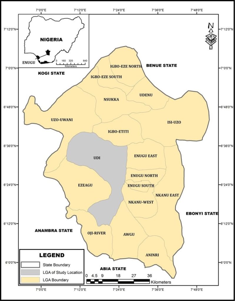 Map of Enugu state showing Udi county. Courtesy – E. Okoro and Charles Asadu/Researchgate.