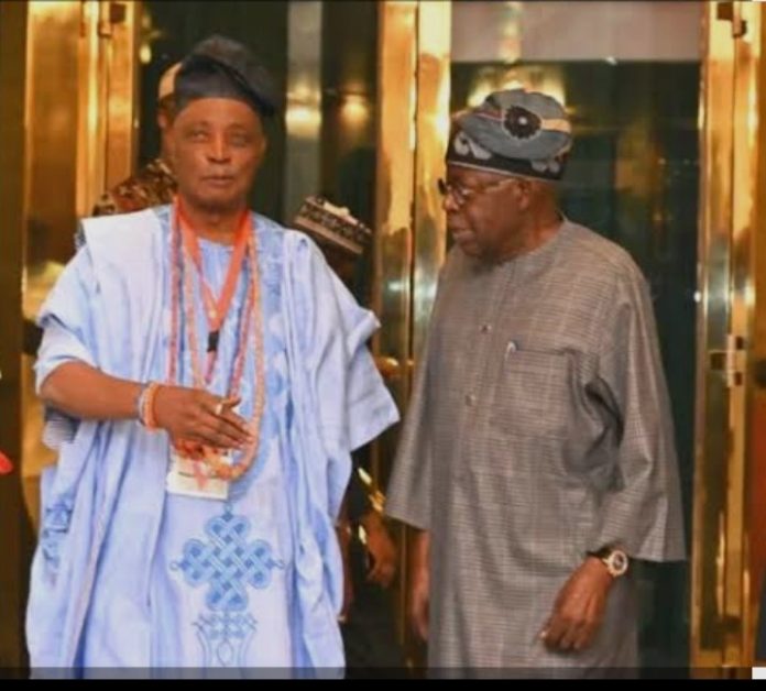 Olubadan of Ibadan, Oba Rashidi Ladoja (left in blue agbada) after the meeting with President Bola Tinubu in Abuja. Picture Courtesy: Aso Rock Media Corps.